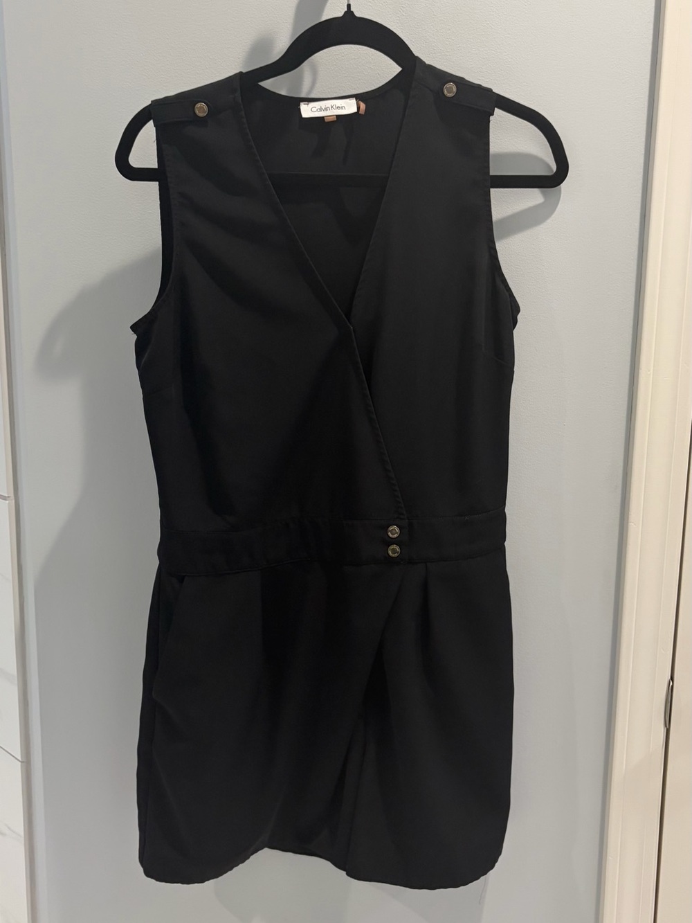 Calvin Klein Black Sleeveless V-Neck Romper with Button Accents